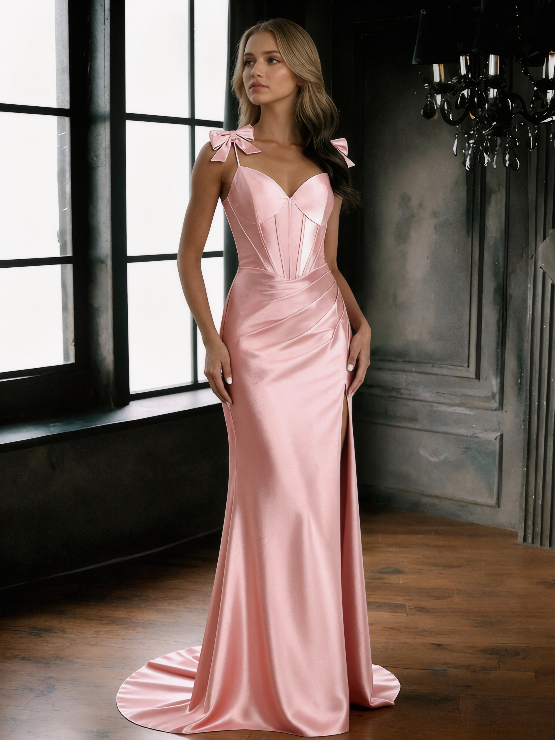 Bow-Accented Sweetheart Neck Satin Mermaid Floor-Length Prom Dress