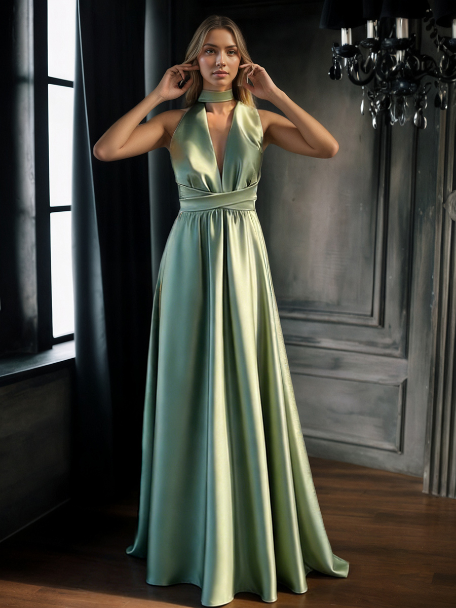 Halter Neck V-Cut Satin A-Line Floor-Length Bridesmaid Dress