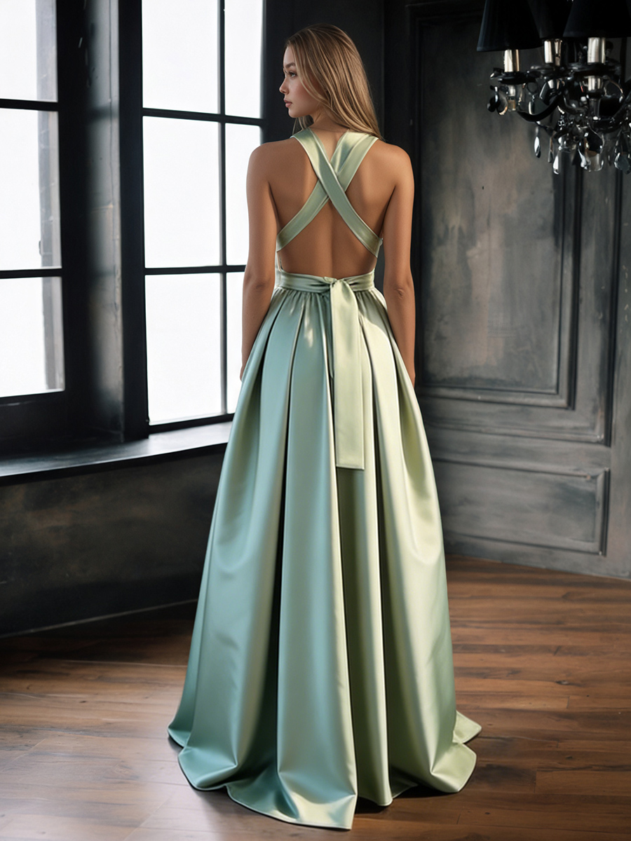 Halter Neck V-Cut Satin A-Line Floor-Length Bridesmaid Dress