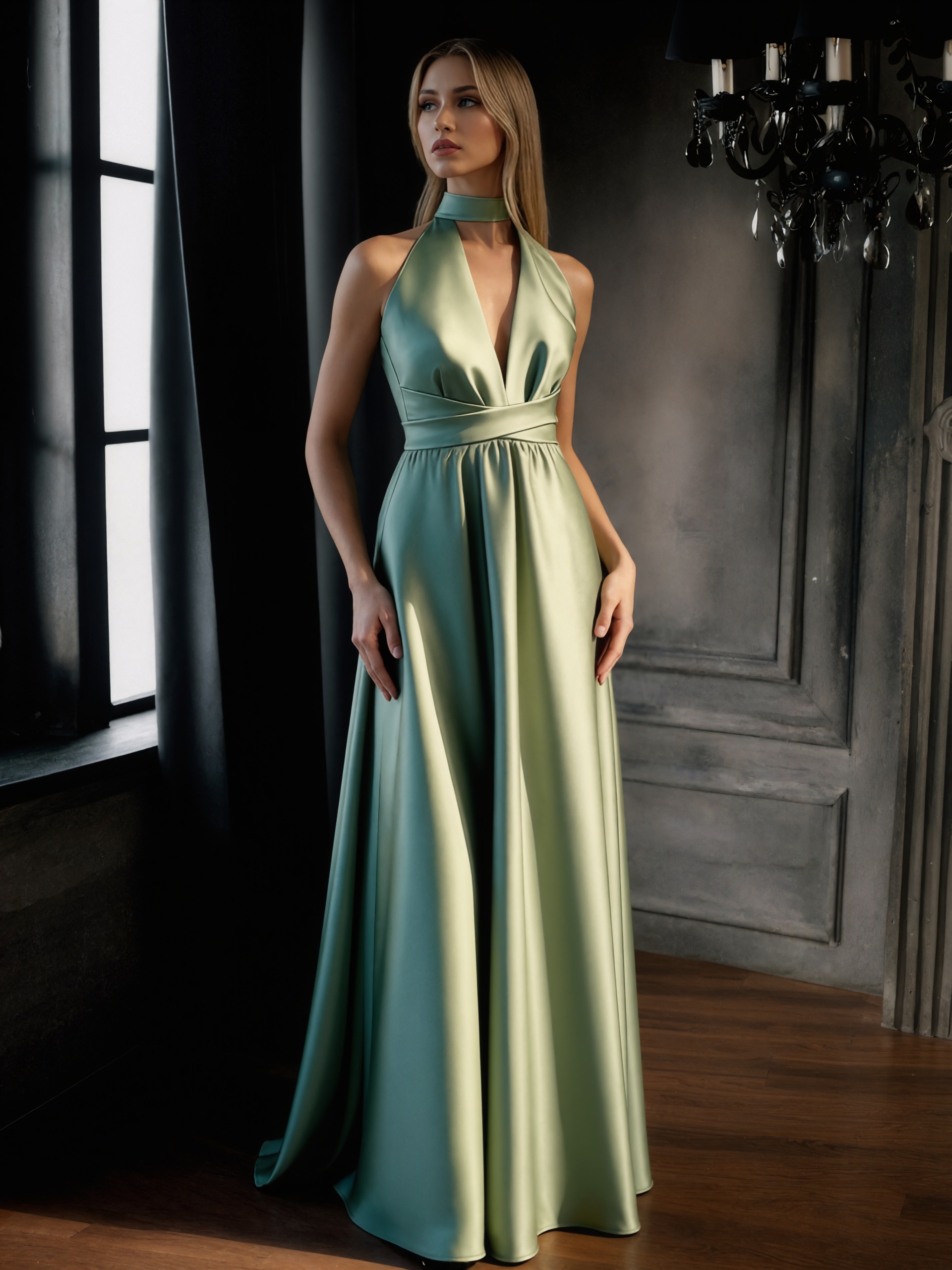 Halter Neck V-Cut Satin A-Line Floor-Length Bridesmaid Dress