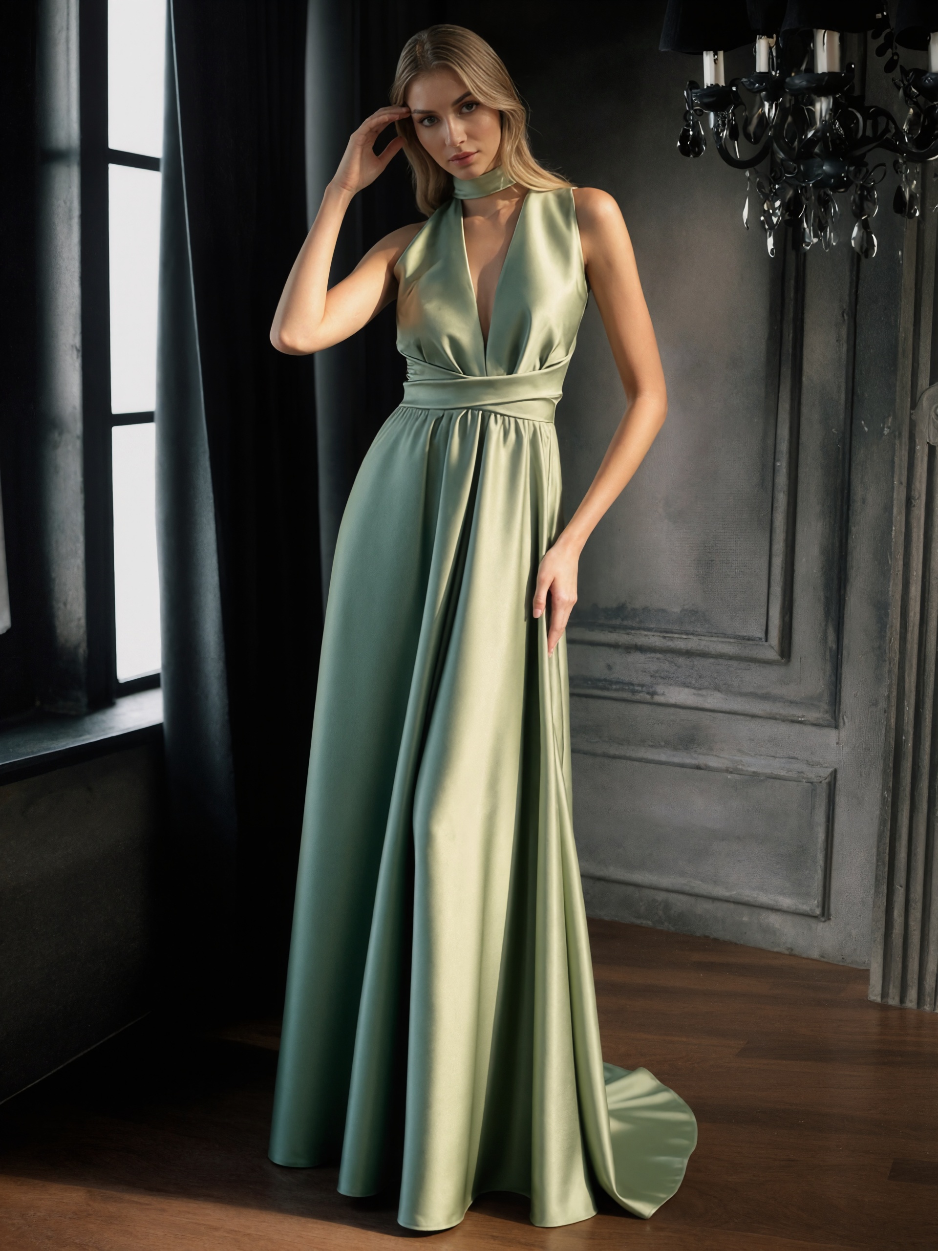 Halter Neck V-Cut Satin A-Line Floor-Length Bridesmaid Dress