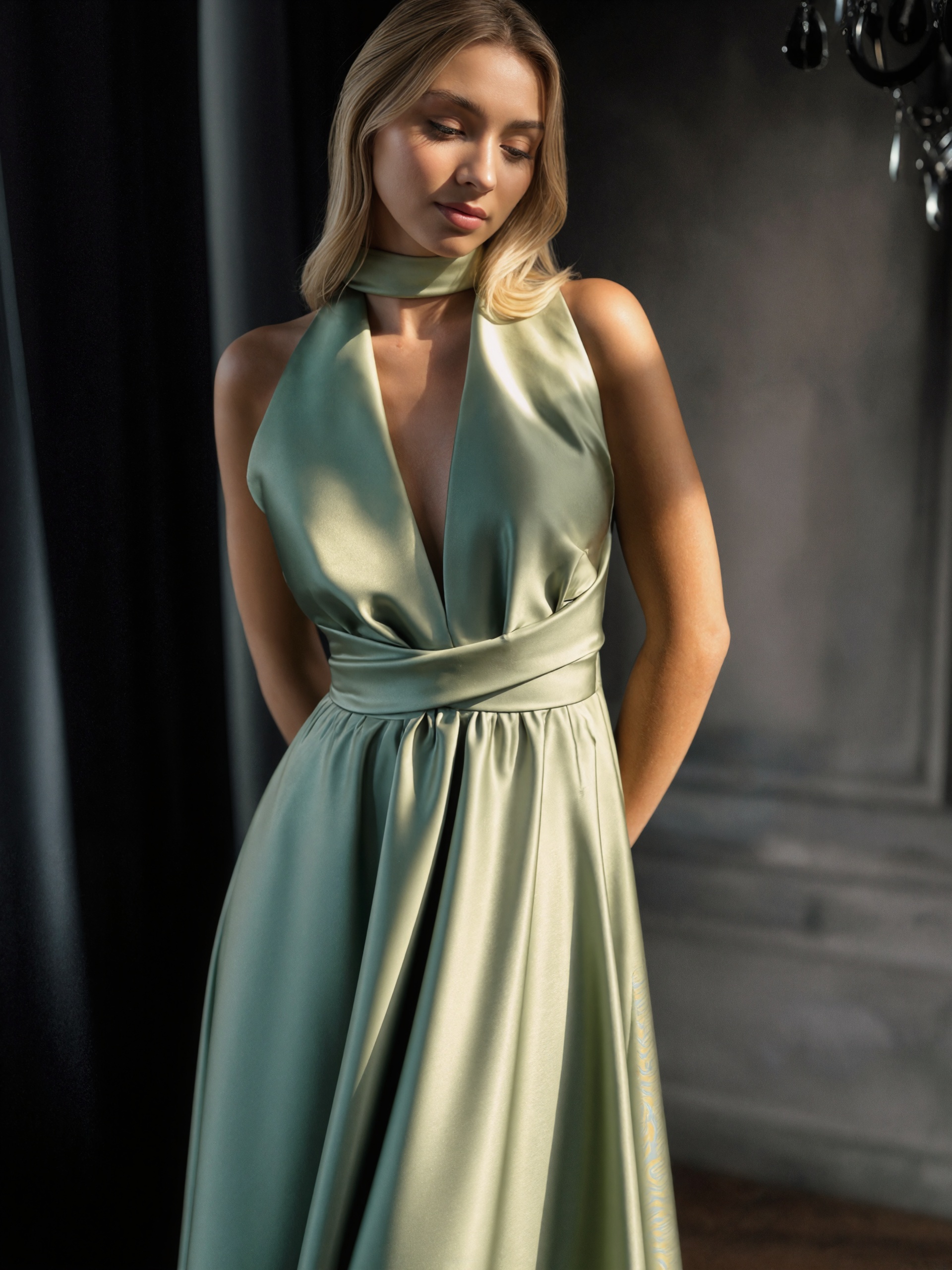 Halter Neck V-Cut Satin A-Line Floor-Length Bridesmaid Dress
