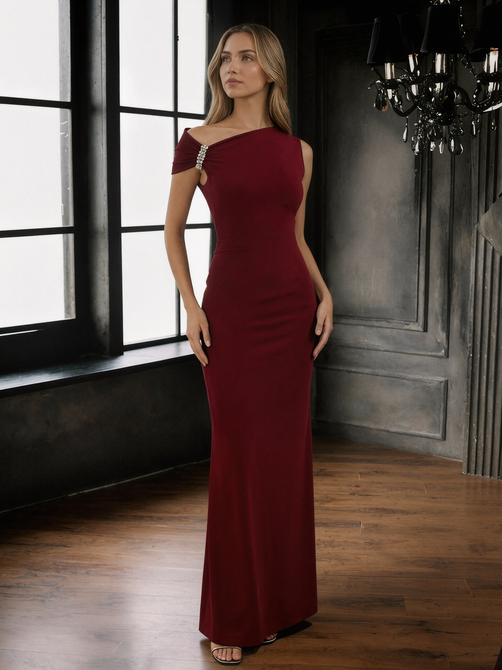 One-Shoulder Velvet Sheath Floor-Length Formal Dress
