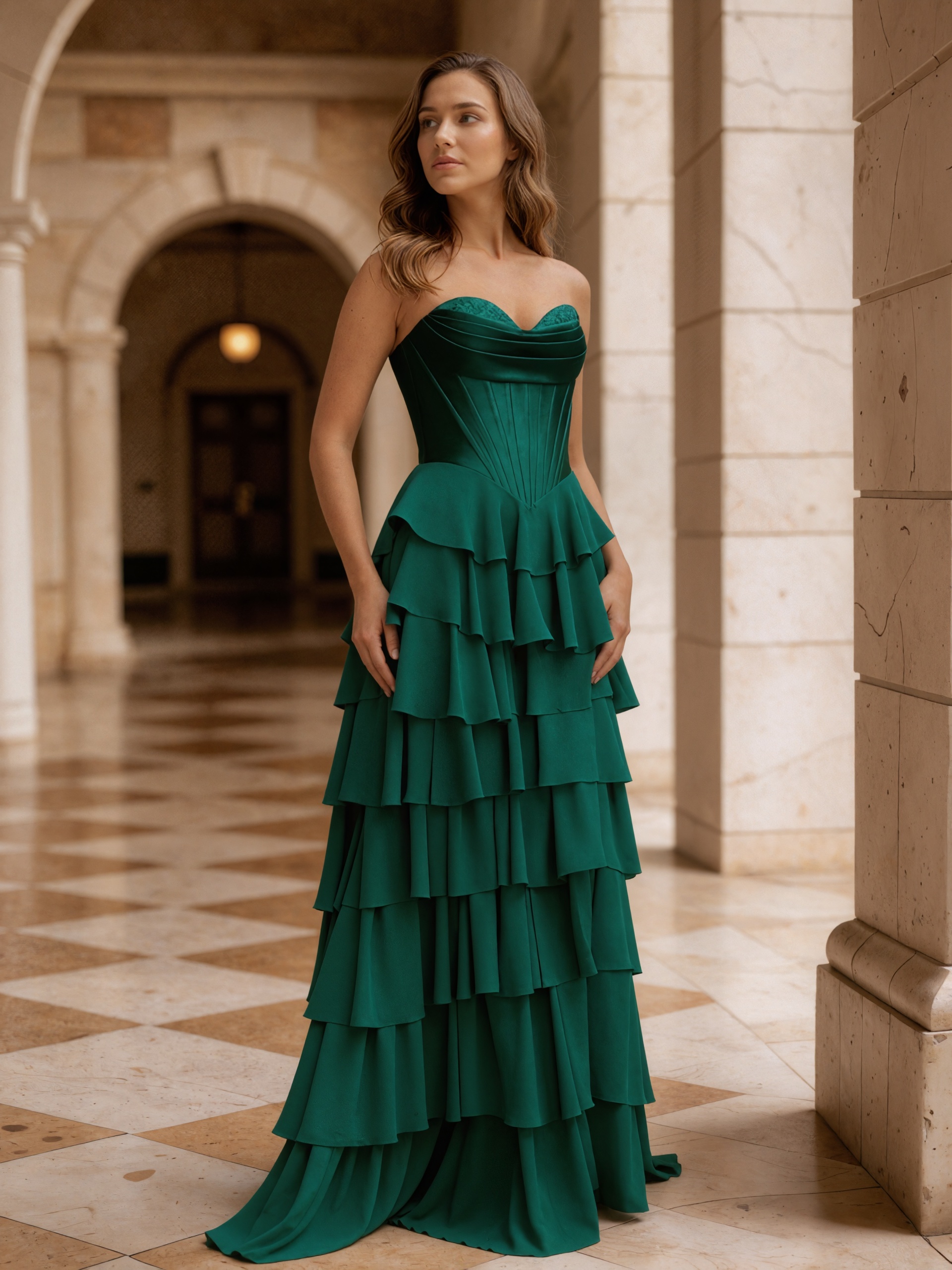 Strapless Ruffled Chiffon Mermaid Floor-Length Evening Dress