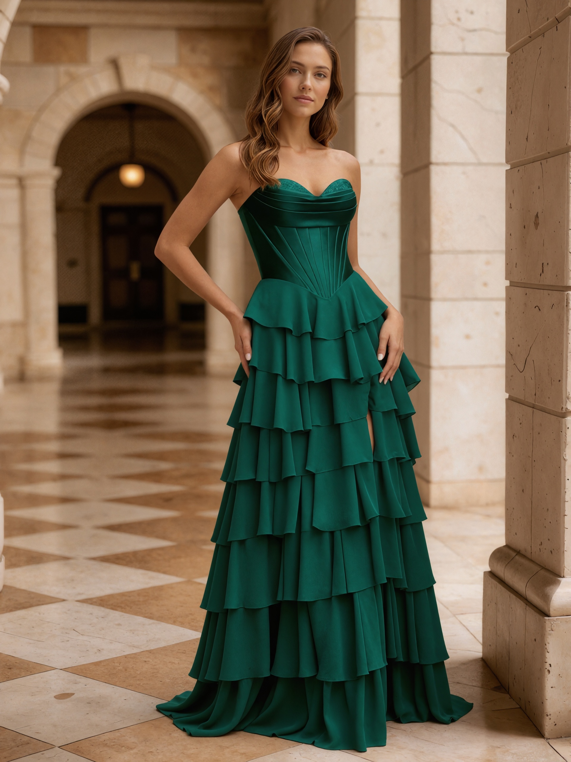 Strapless Ruffled Chiffon Mermaid Floor-Length Evening Dress