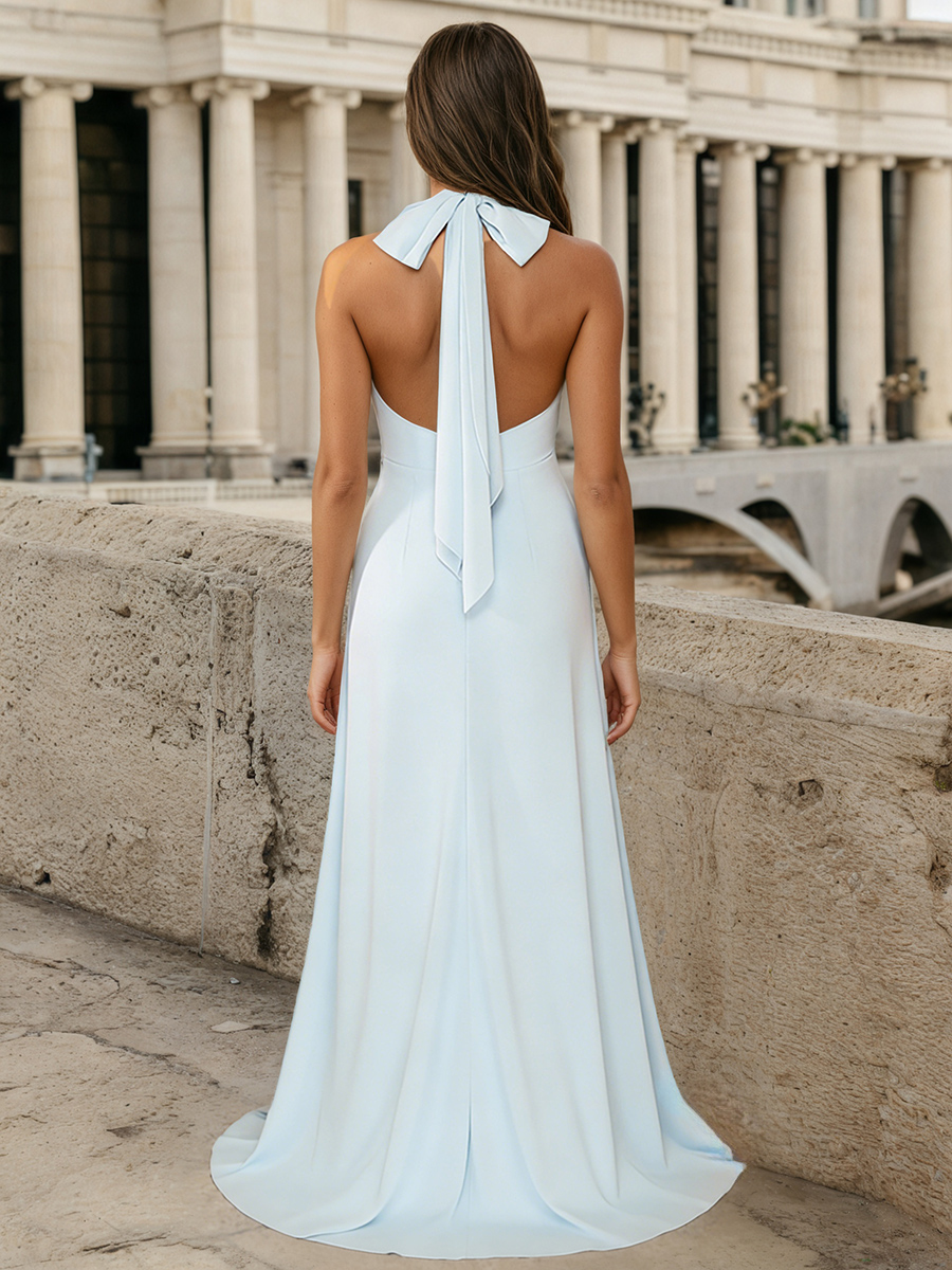 Halter Neck Deep V Satin Sheath Floor-Length Formal Dress