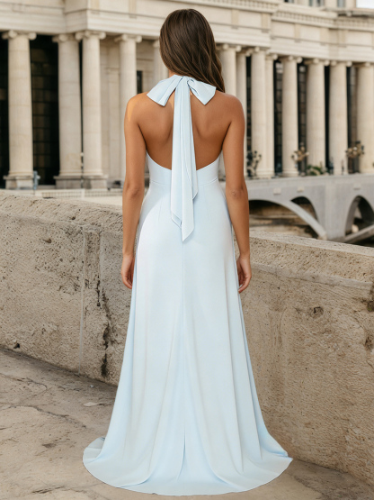 Halter Neck Deep V Satin Sheath Floor-Length Formal Dress