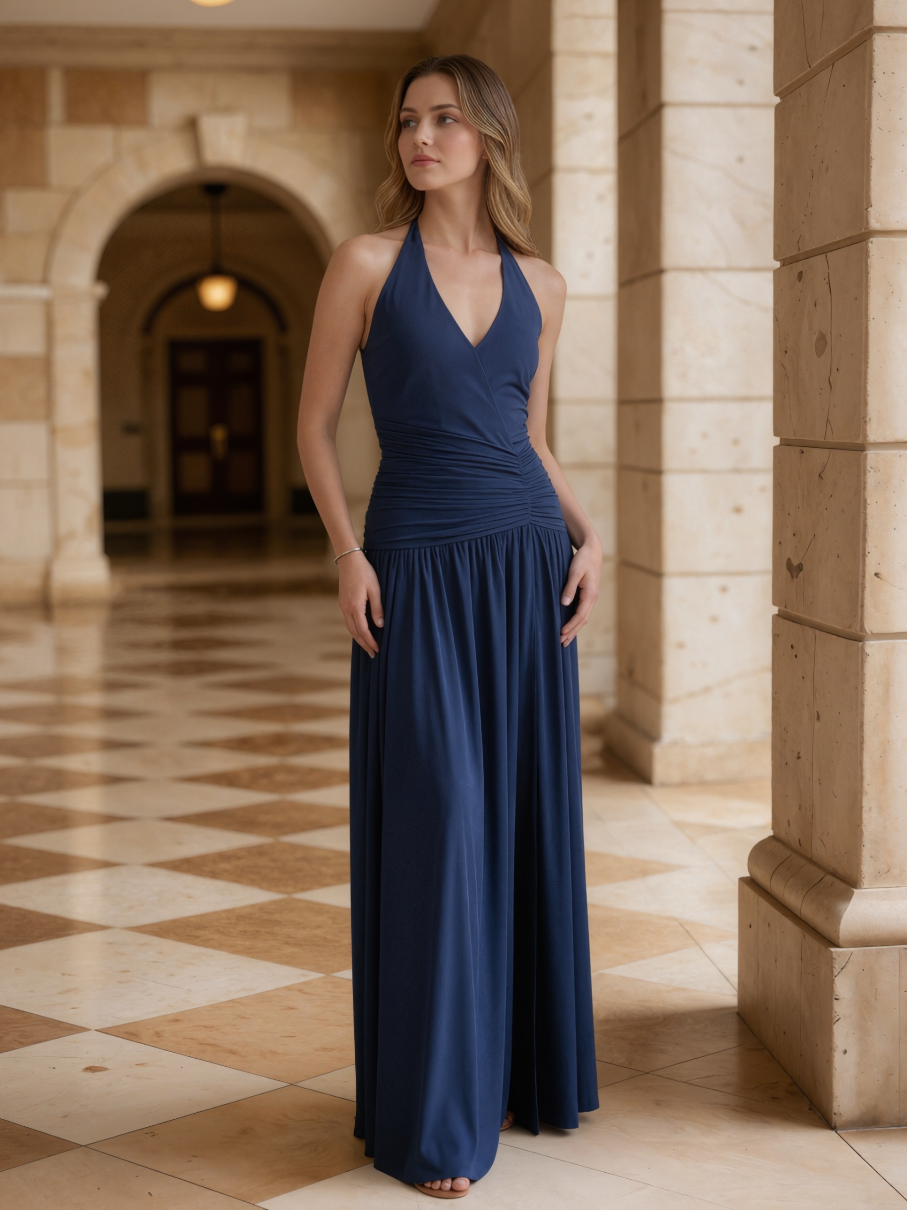 Elegant Halter Neck Deep V Ruched Waist High Slit A-Line Formal Gown
