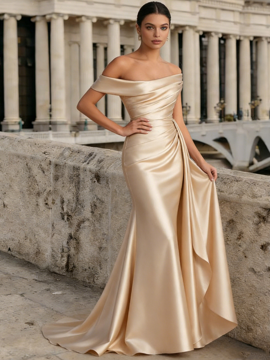 Mermaid Off-the-Shoulder Cowl Neck Satin Floor-Length Dress with Ruched Bodice, Draped Side Panel & Sweep Train for Formal & Gala Events