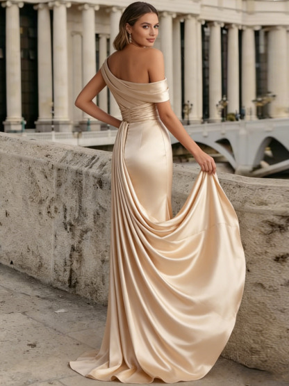 Mermaid Off-the-Shoulder Cowl Neck Satin Floor-Length Dress with Ruched Bodice, Draped Side Panel & Sweep Train for Formal & Gala Events