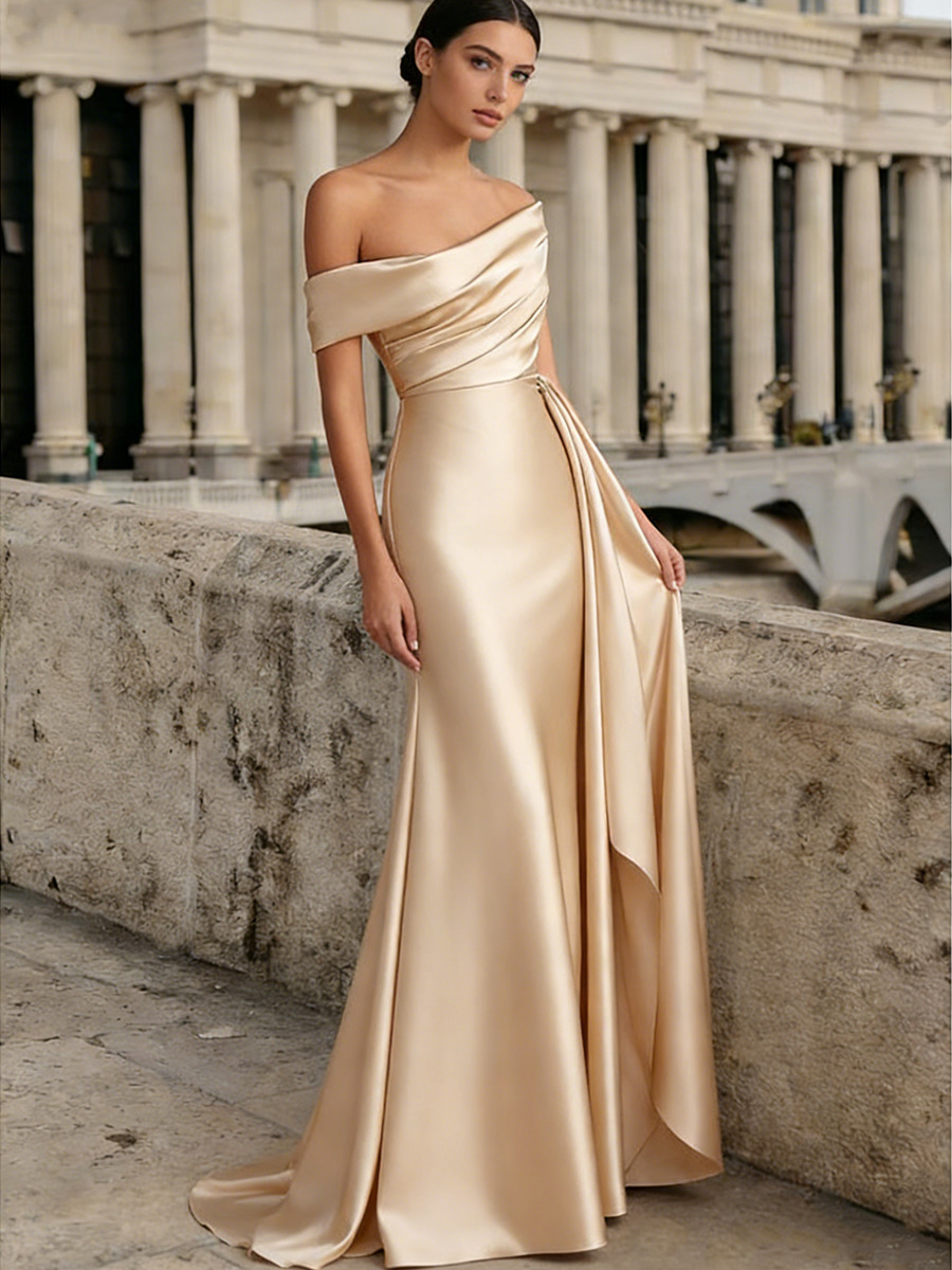Mermaid Off-the-Shoulder Cowl Neck Satin Floor-Length Dress with Ruched Bodice, Draped Side Panel & Sweep Train for Formal & Gala Events
