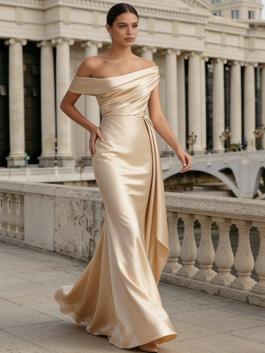 Mermaid Off-the-Shoulder Cowl Neck Satin Floor-Length Dress with Ruched Bodice, Draped Side Panel & Sweep Train for Formal & Gala Events