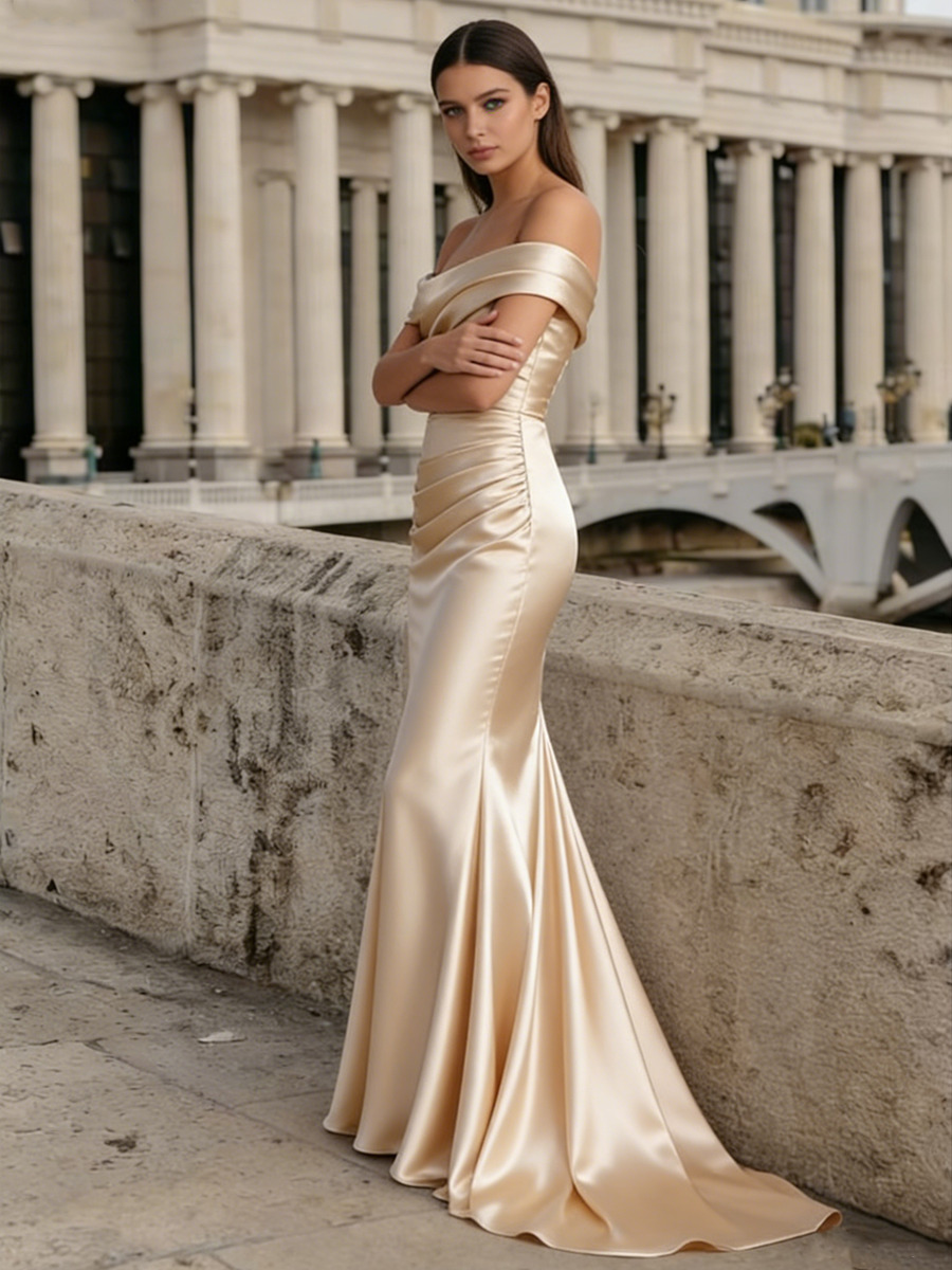 Mermaid Off-the-Shoulder Cowl Neck Satin Floor-Length Dress with Ruched Bodice, Draped Side Panel & Sweep Train for Formal & Gala Events