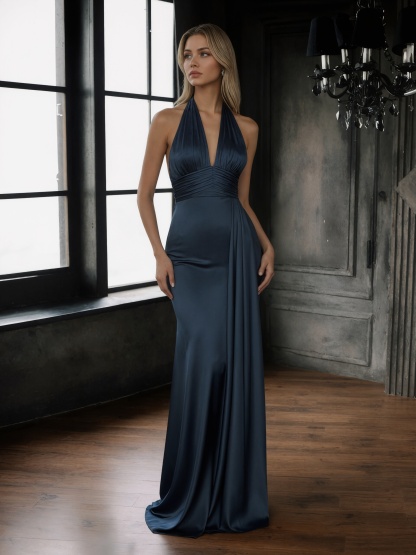 Elegant Halter Neck Deep V Ruched Waist Draped Satin Mermaid Formal Party Dress