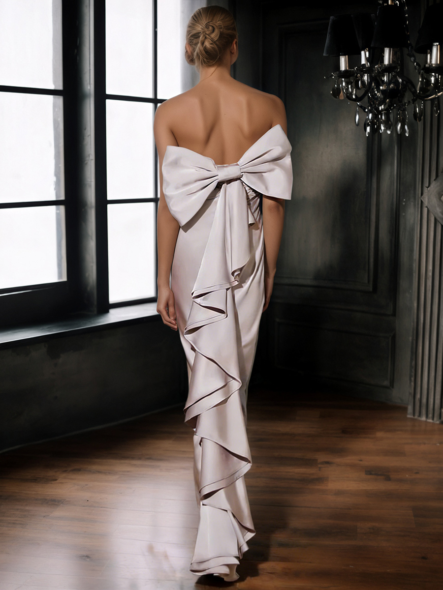 Elegant Strapless Ruched Satin Bodycon Mermaid Prom Gown with Back Bow