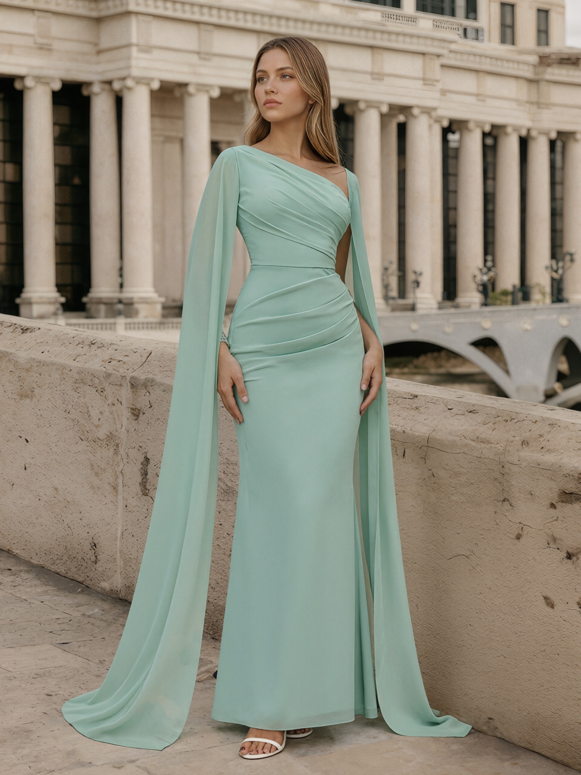 Elegant One-Shoulder Ruched Cape Sleeve Bodycon Mermaid Formal Dress