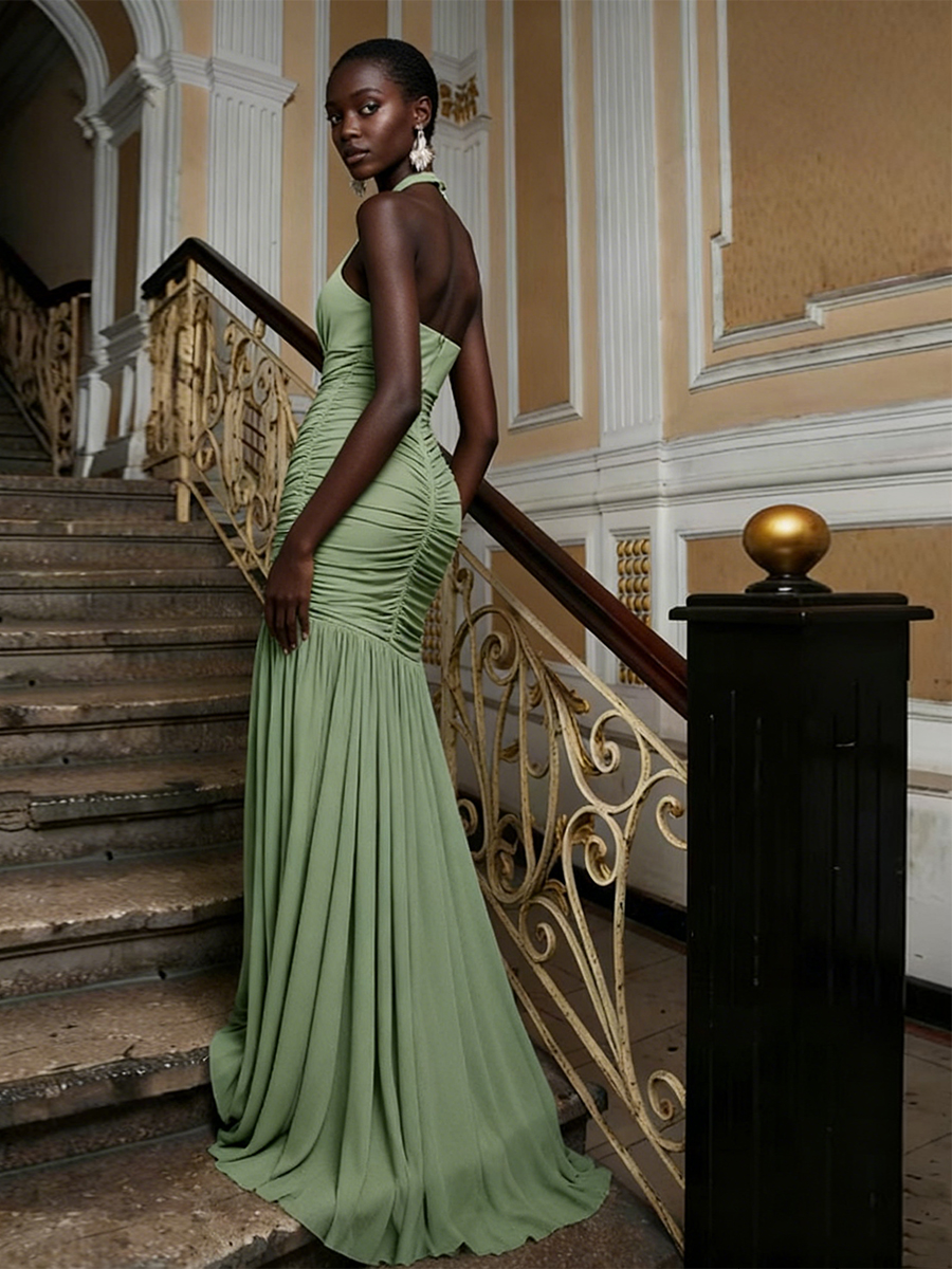 Elegant Mermaid Halter Pleated Chiffon Floral Detail Formal Wedding Guest Dress
