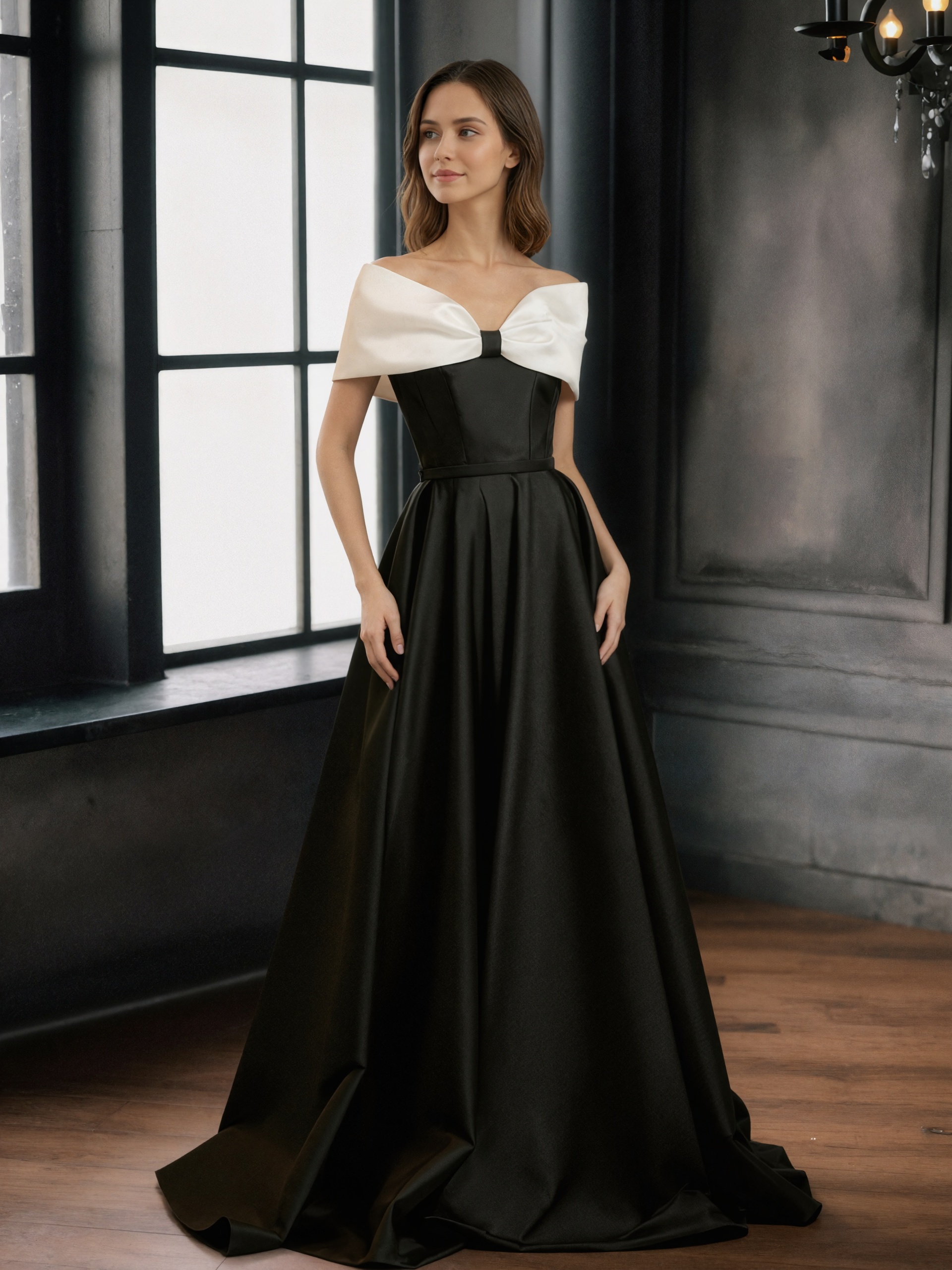 Elegant Strapless Color Block Satin Ball Formal Gown