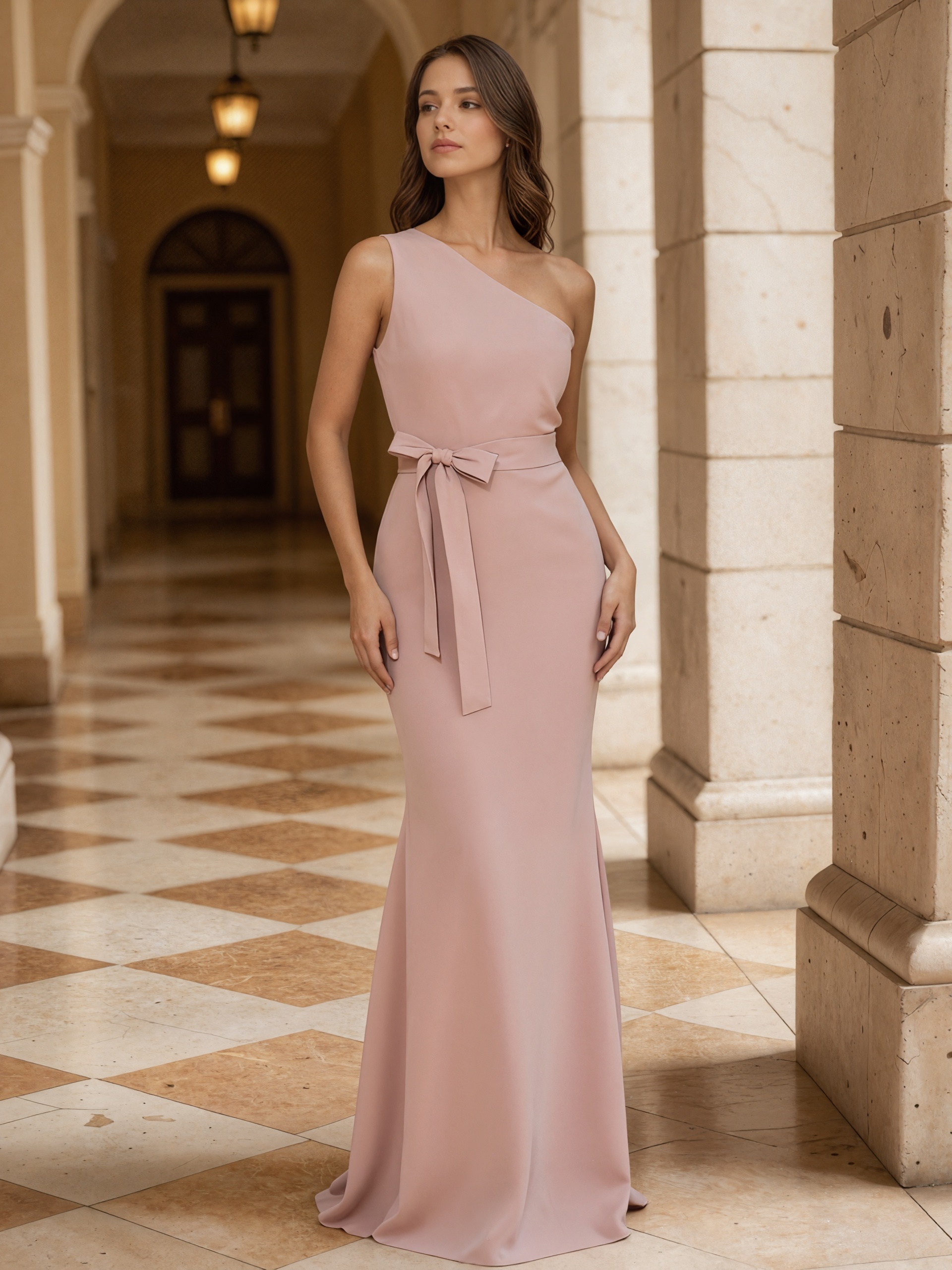 Elegant One-Shoulder Sash Bow Bodycon Mermaid Formal Gown