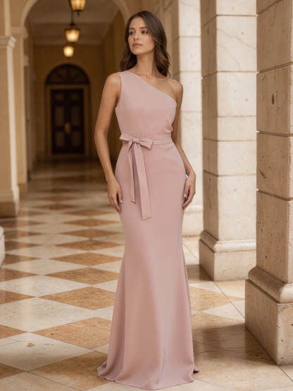 Elegant One-Shoulder Sash Bow Bodycon Mermaid Formal Gown