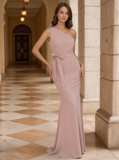 Elegant One-Shoulder Sash Bow Bodycon Mermaid Formal Gown
