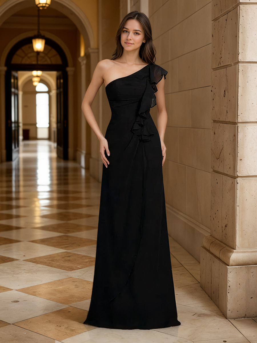 Elegant One-Shoulder Ruffle Trim Bodycon A-Line Gown for Gala Party Wedding