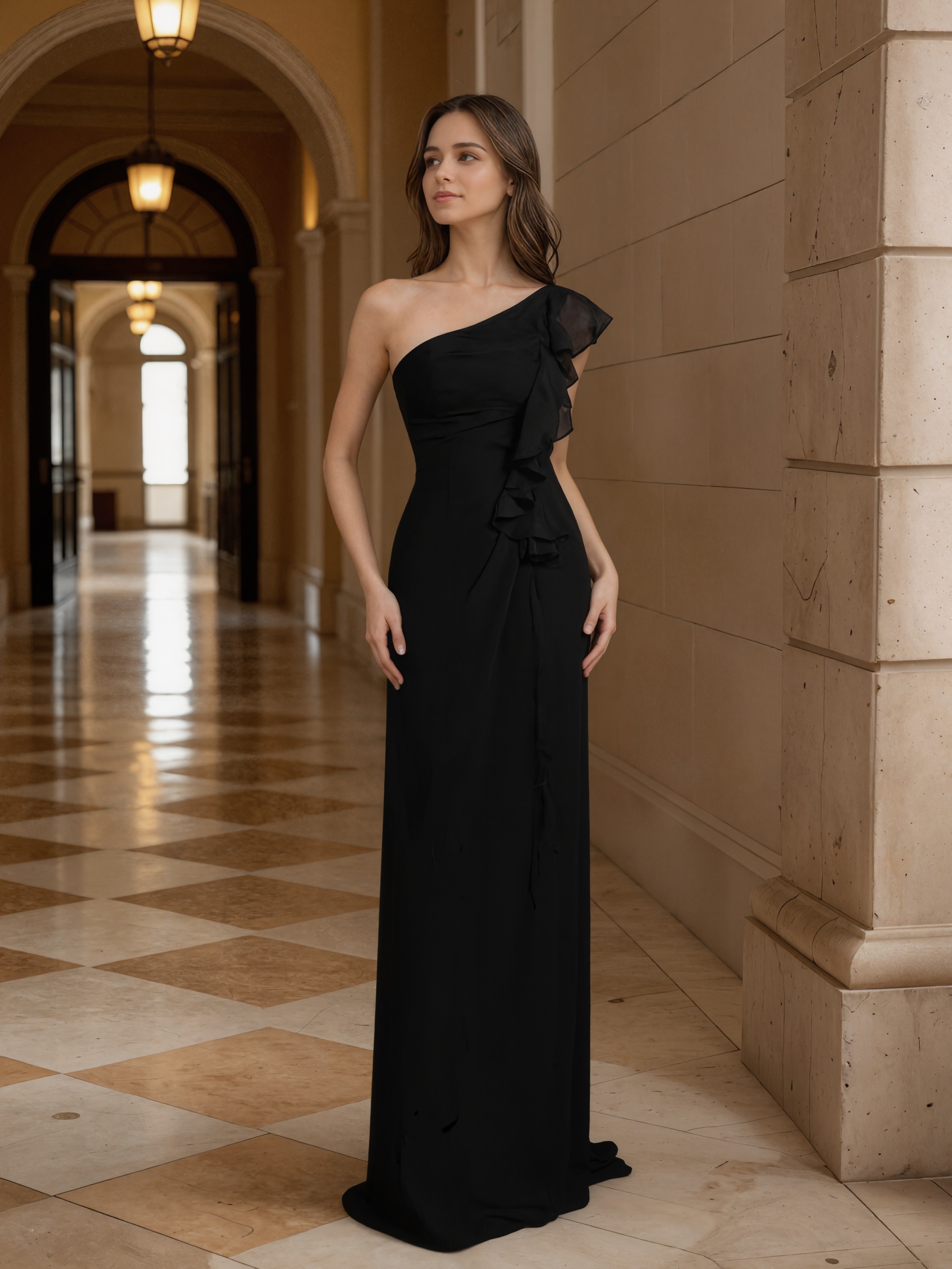 Elegant One-Shoulder Ruffle Trim Bodycon A-Line Gown for Gala Party Wedding