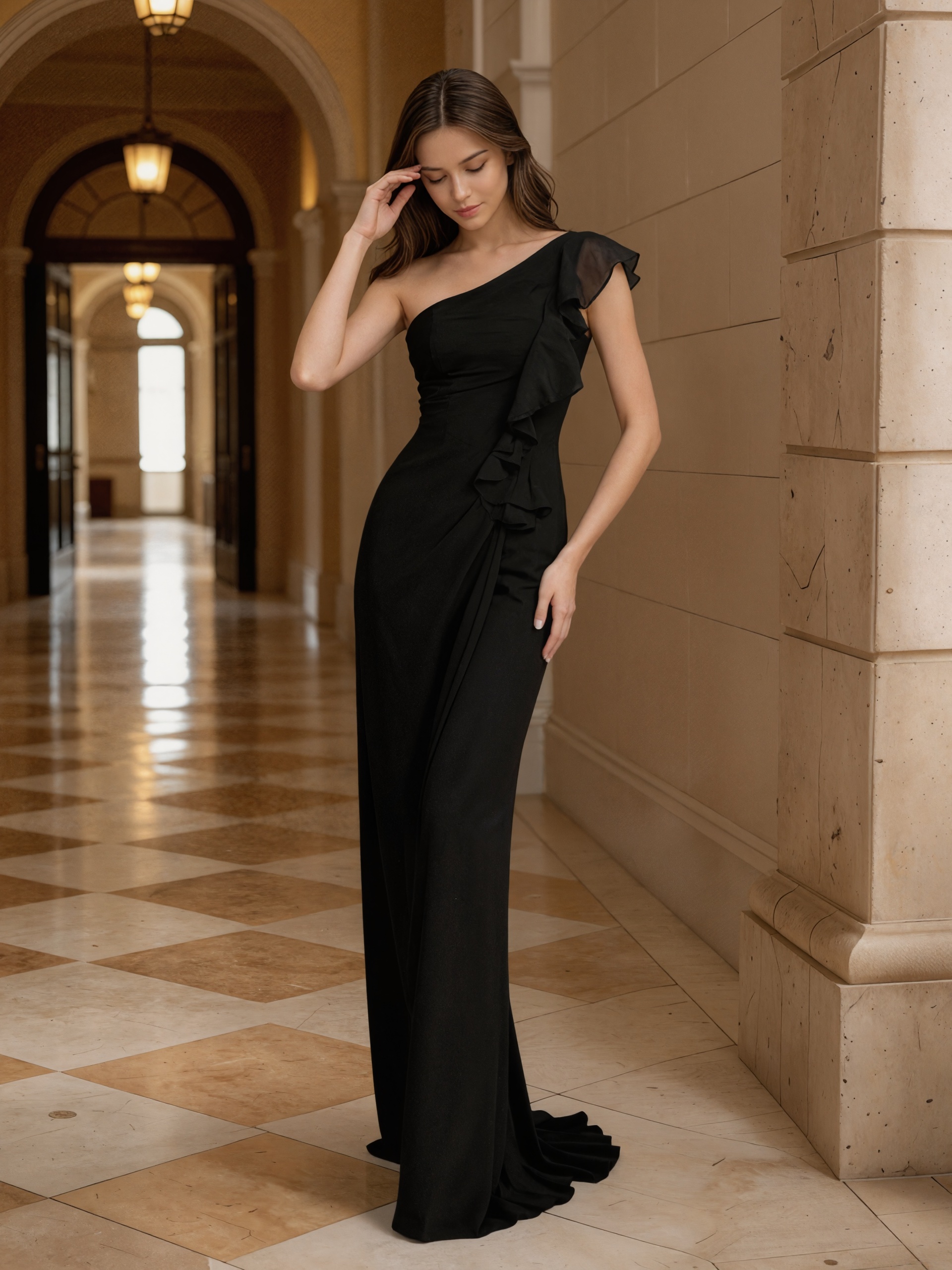 Elegant One-Shoulder Ruffle Trim Bodycon A-Line Gown for Gala Party Wedding