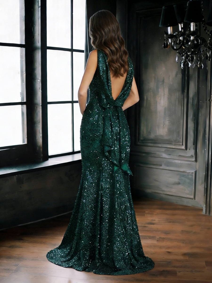 Mermaid Crew Neck Sequins Floor-Length Formal Evening Gown