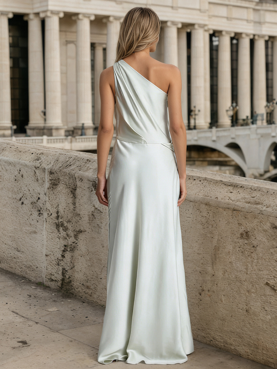 Trumpet One-Shoulder Satin Floor-Length Ruched Formal Evening Gown