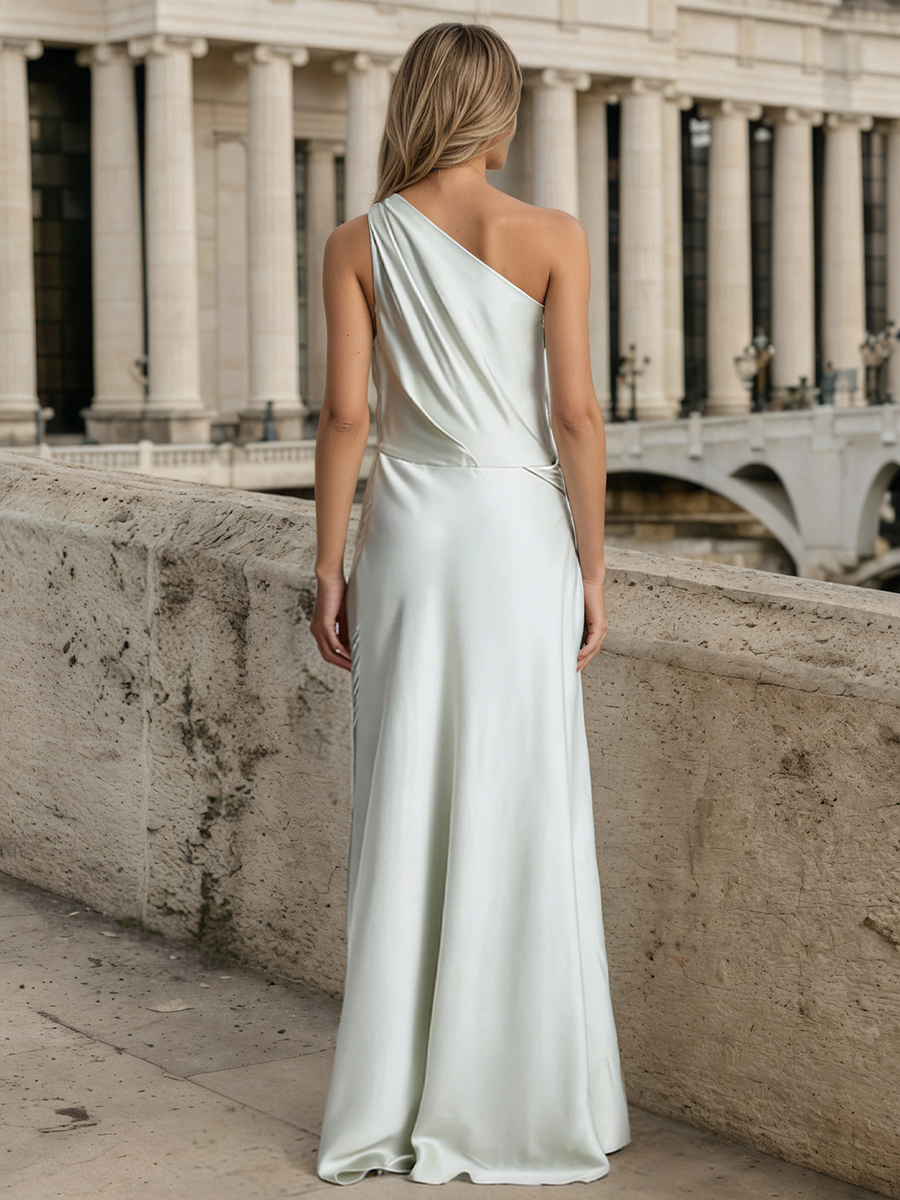 Trumpet One-Shoulder Satin Floor-Length Ruched Formal Evening Gown