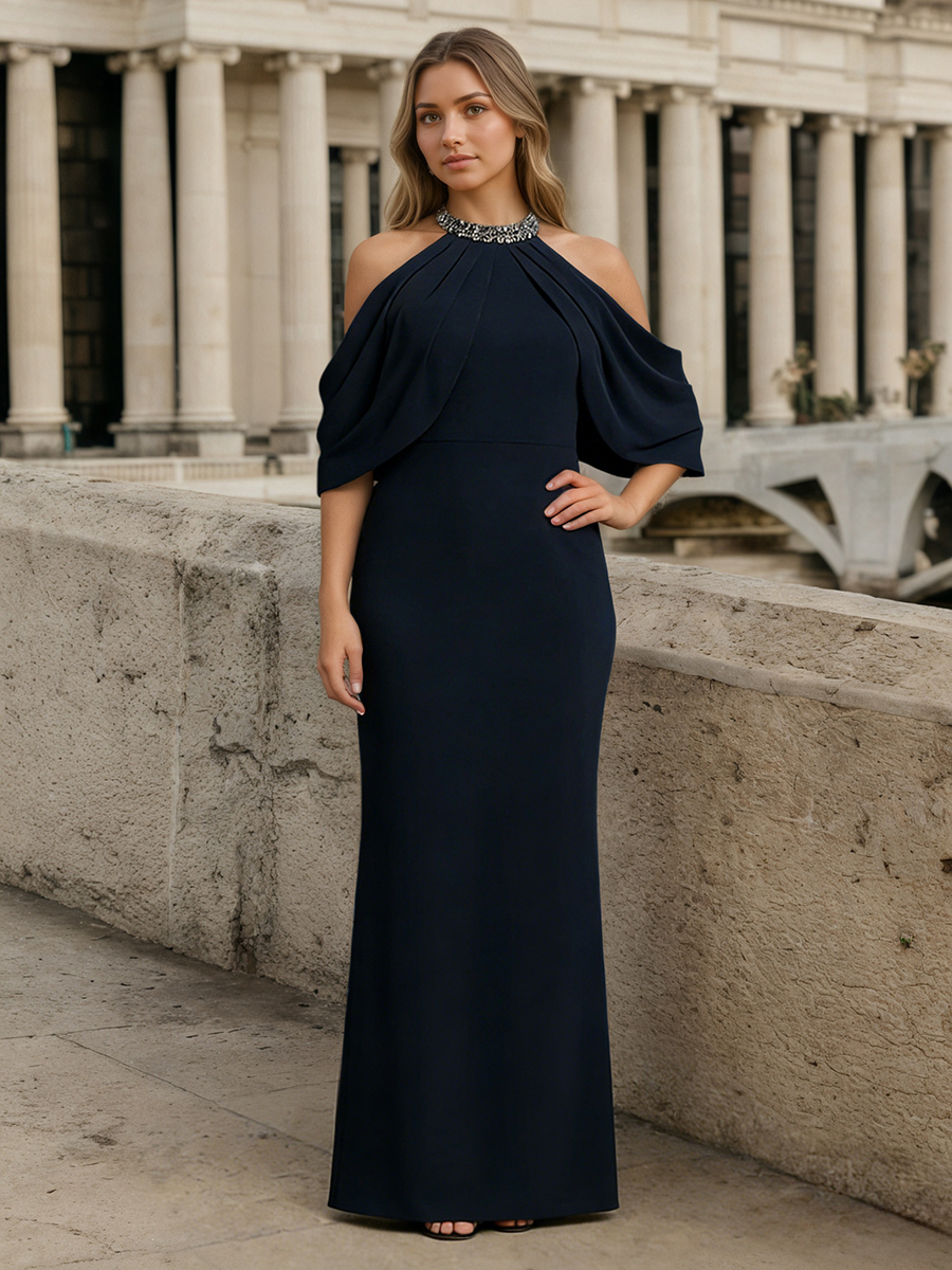 Sheath Halter Chiffon Floor-Length Beaded Neck Formal Evening Gown