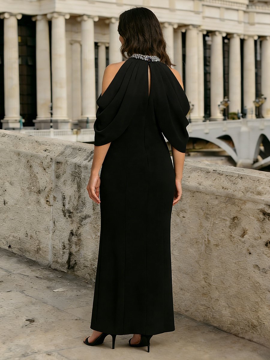 Sheath Halter Chiffon Floor-Length Beaded Neck Formal Evening Gown