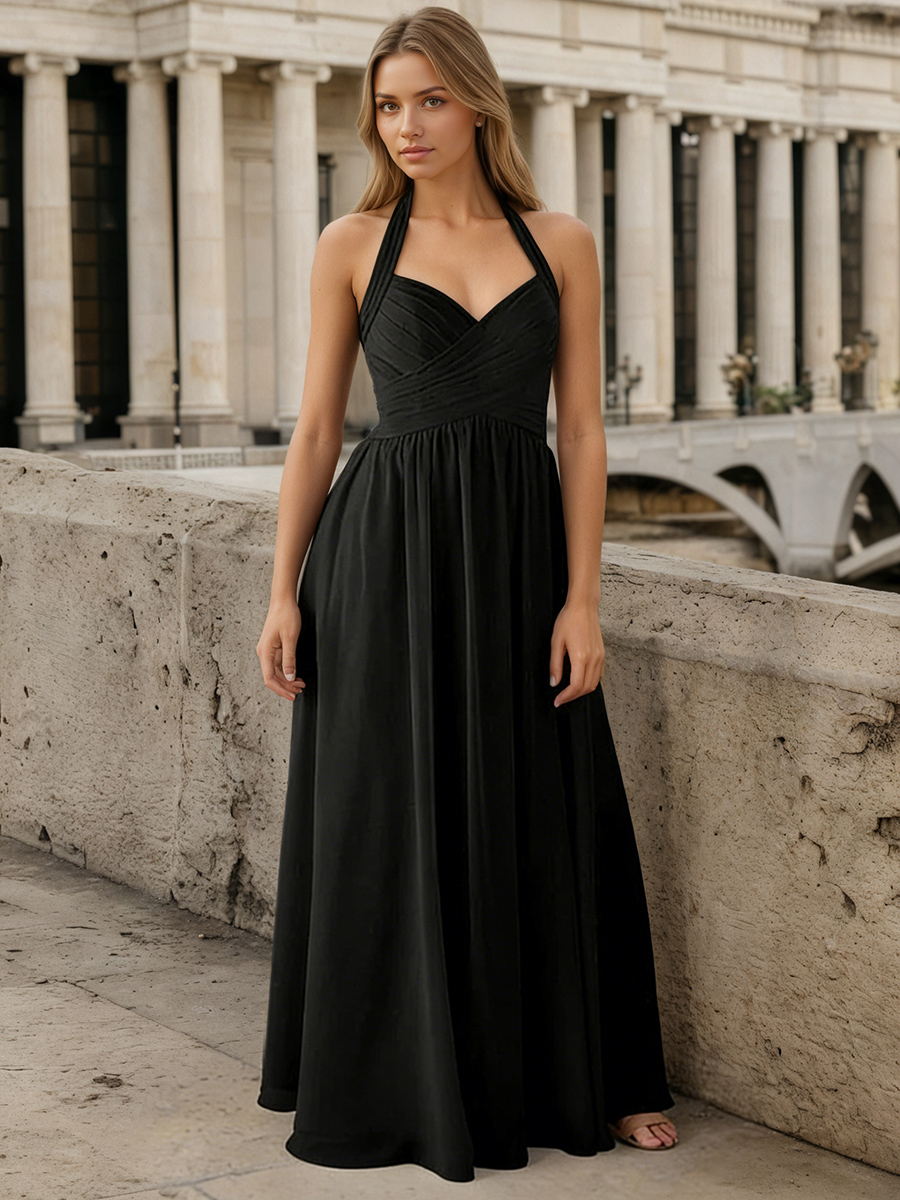A-Line Halter Chiffon Floor-Length Ruched Bodice Formal Evening Gown