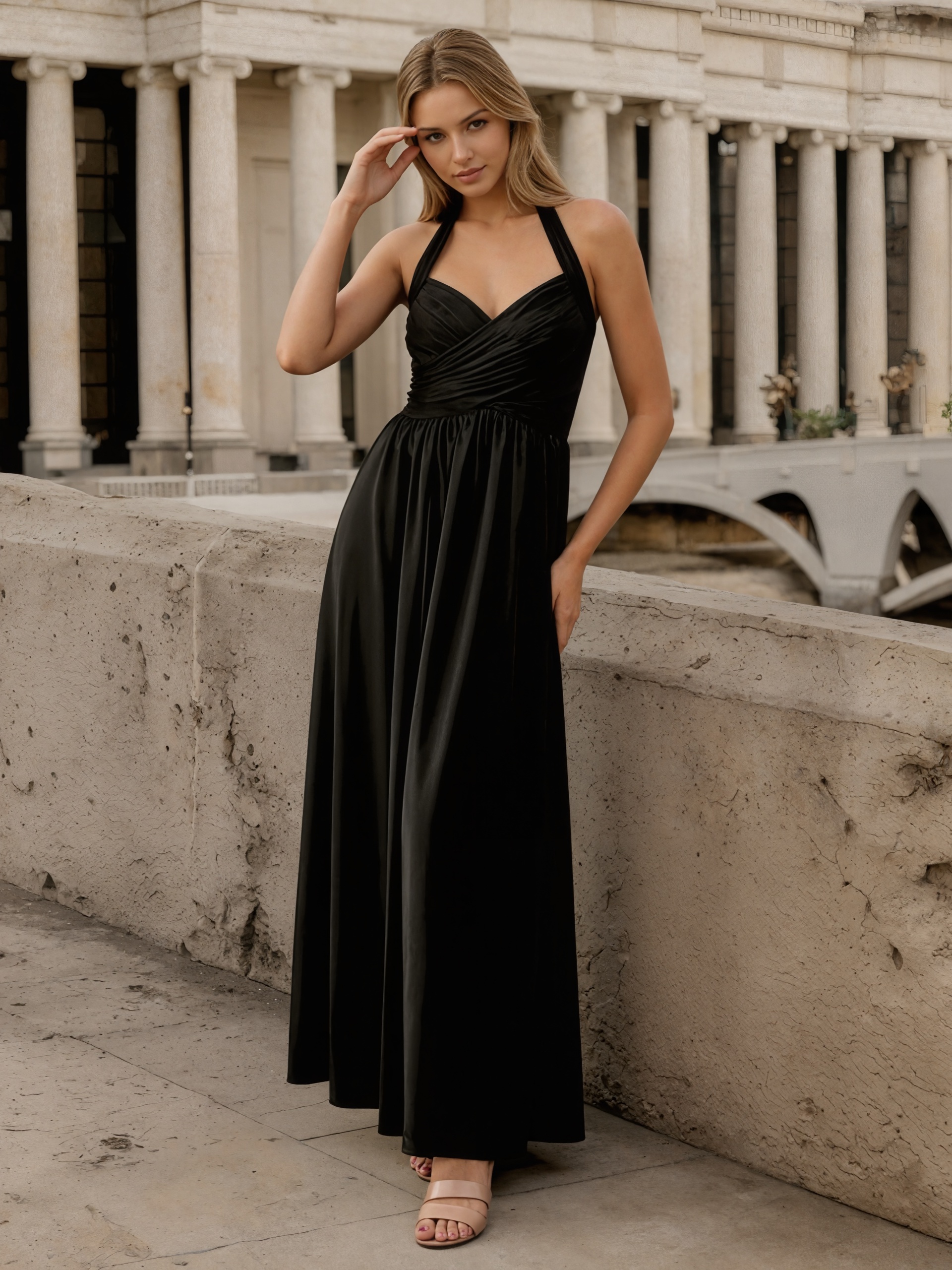 A-Line Halter Chiffon Floor-Length Ruched Bodice Formal Evening Gown