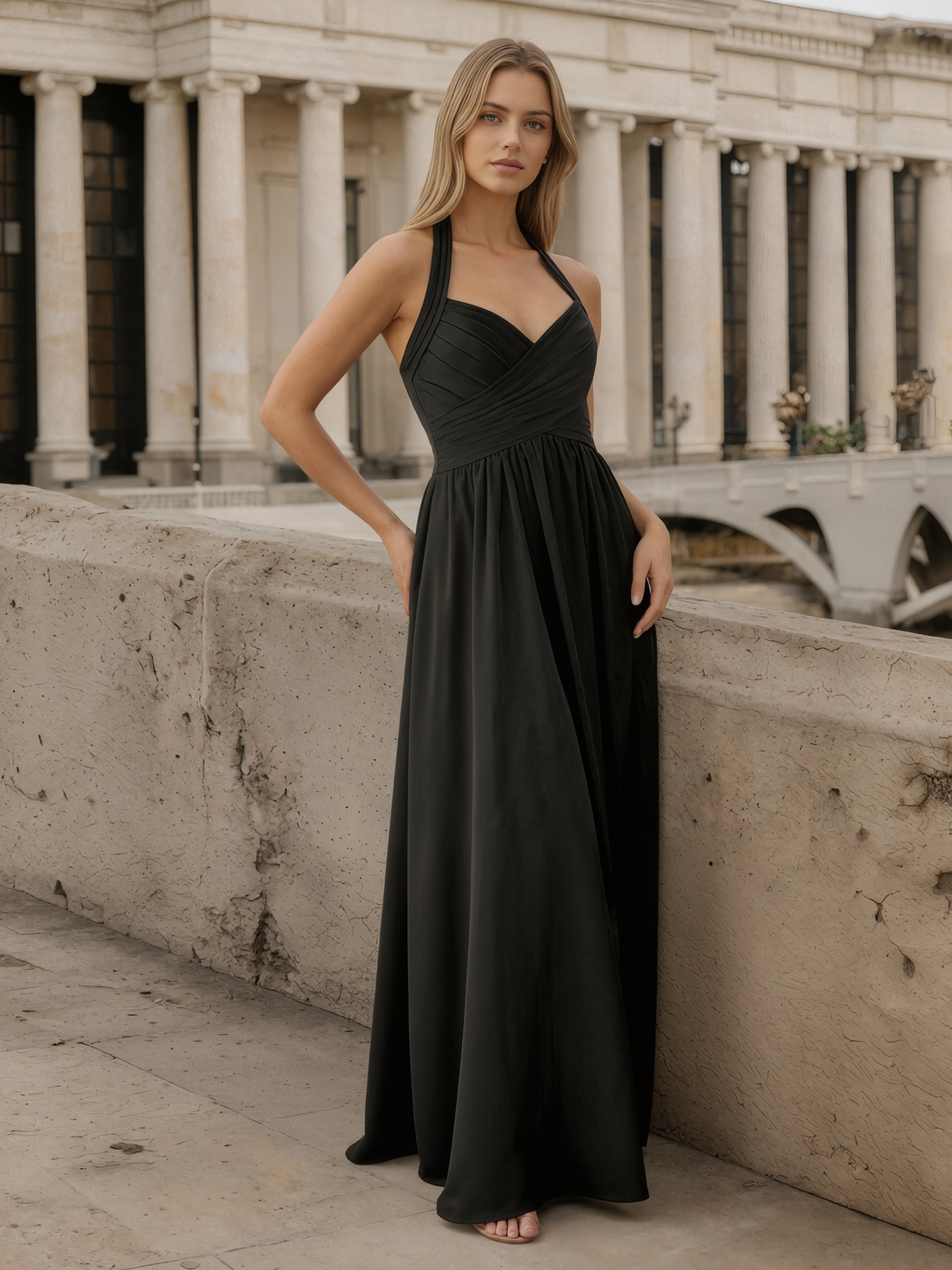 A-Line Halter Chiffon Floor-Length Ruched Bodice Formal Evening Gown