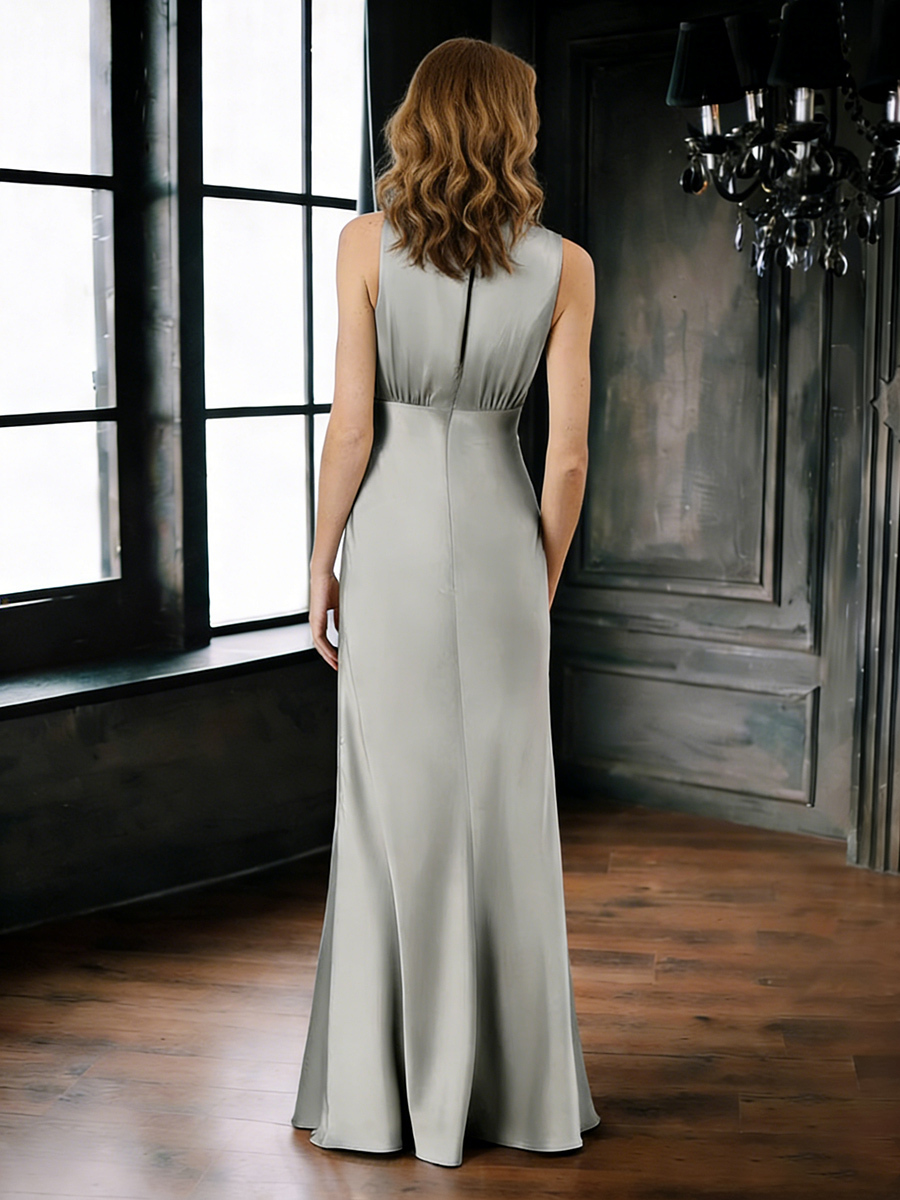 Ruched Crew Neck Satin Sheath Floor-Length Formal Dress