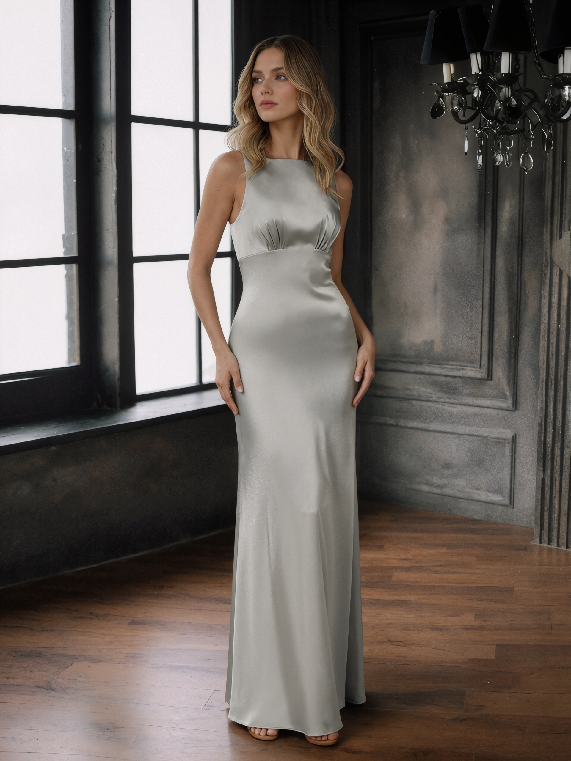 Ruched Crew Neck Satin Sheath Floor-Length Formal Dress