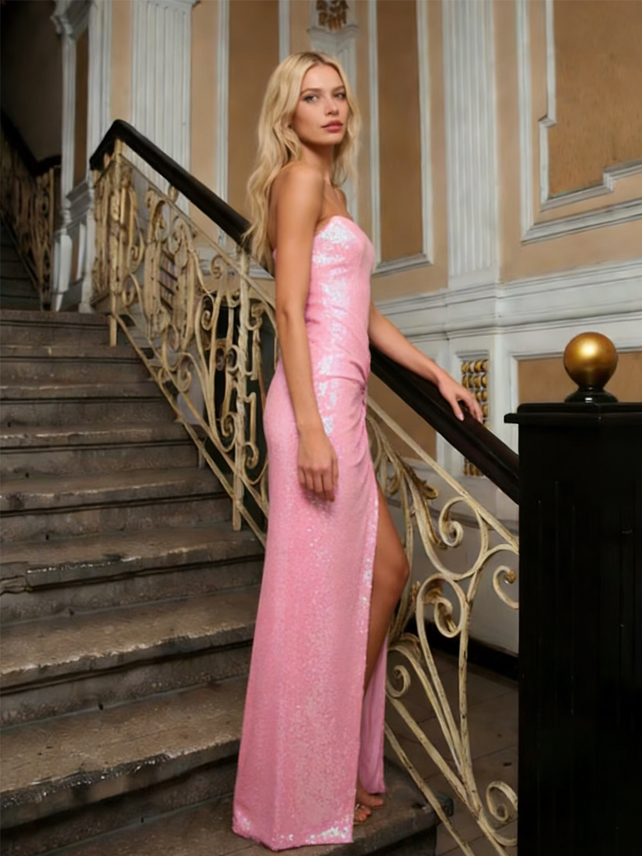 Elegant Strapless Sequin Ruched High Slit Bodycon Prom Gown