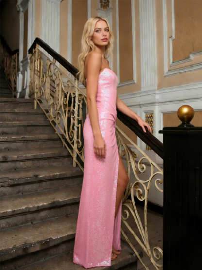 Elegant Strapless Sequin Ruched High Slit Bodycon Prom Gown