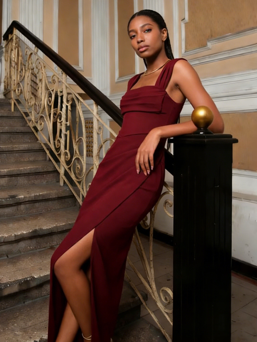 Sheath Cowl Neck Floor-Length Dress with Wide Straps & High Side Slit for Formal & Gala Events