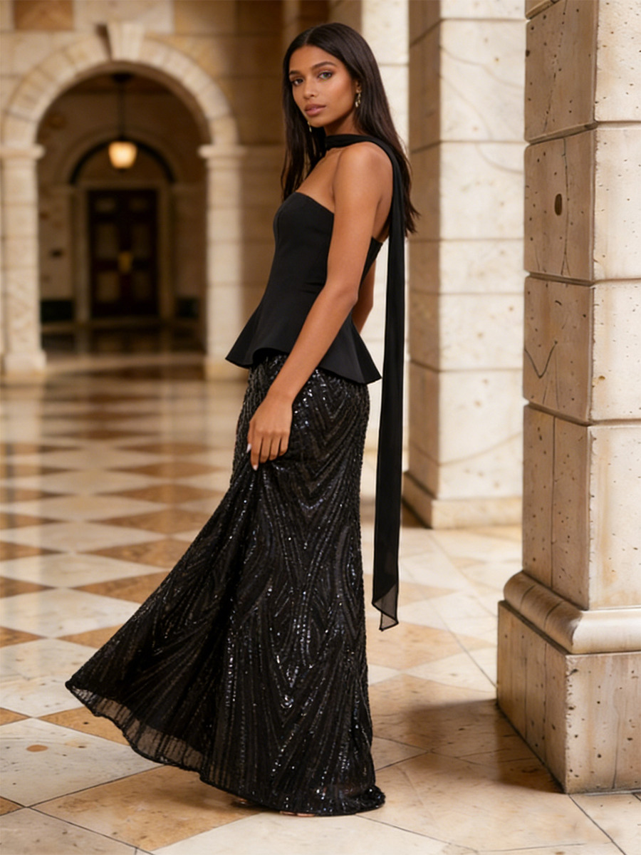 Strapless Sequin Floor-Length Dress with Asymmetric Neck Scarf & Chevron Sequin for Prom & Gala Events