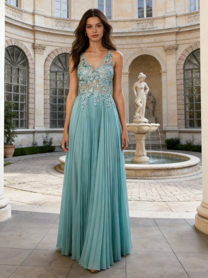 A-Line V-Neck Lace & Pleated Chiffon Floor-Length Dress with 3D Floral Appliqué for Formal & Gala Events