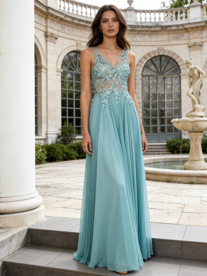 A-Line V-Neck Lace & Pleated Chiffon Floor-Length Dress with 3D Floral Appliqué for Formal & Gala Events