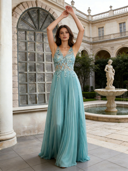 A-Line V-Neck Lace & Pleated Chiffon Floor-Length Dress with 3D Floral Appliqué for Formal & Gala Events
