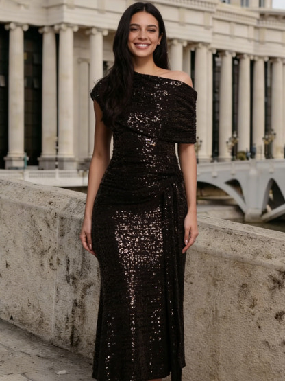 One-Shoulder Sequin Maxi Dress with Ruched Bodice for Formal,Cocktail & Gala Events