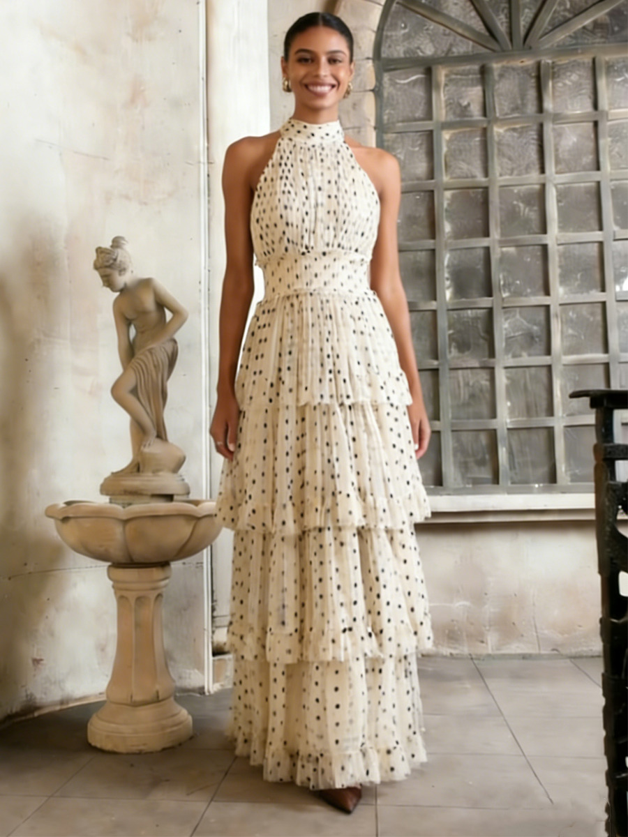 A-Line Halter Neck Polka Dot Floor-Length Dress with Tiered Ruffled for Formal & Gala Events