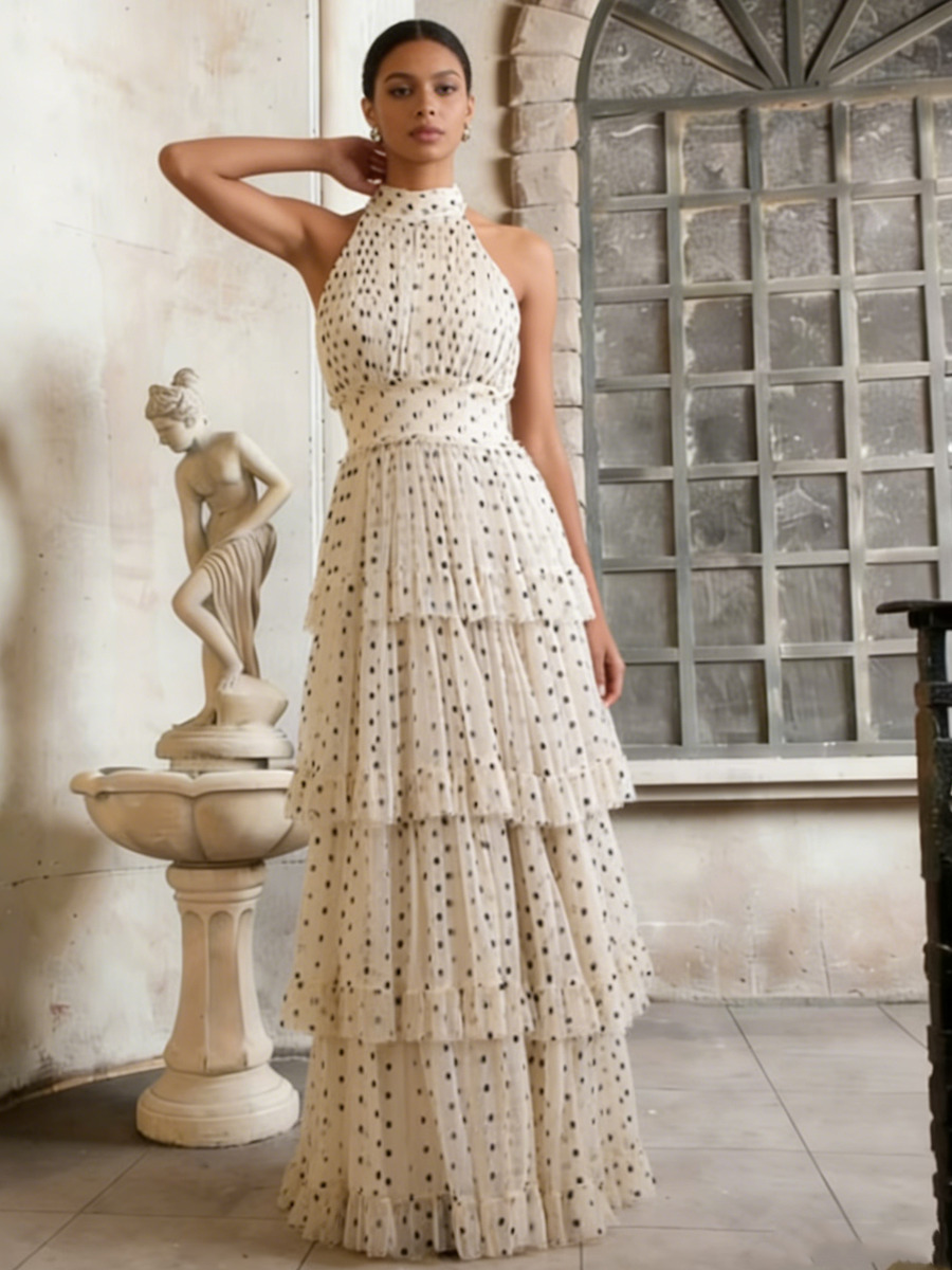 A-Line Halter Neck Polka Dot Floor-Length Dress with Tiered Ruffled for Formal & Gala Events