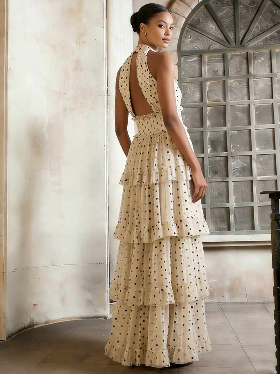 A-Line Halter Neck Polka Dot Floor-Length Dress with Tiered Ruffled for Formal & Gala Events