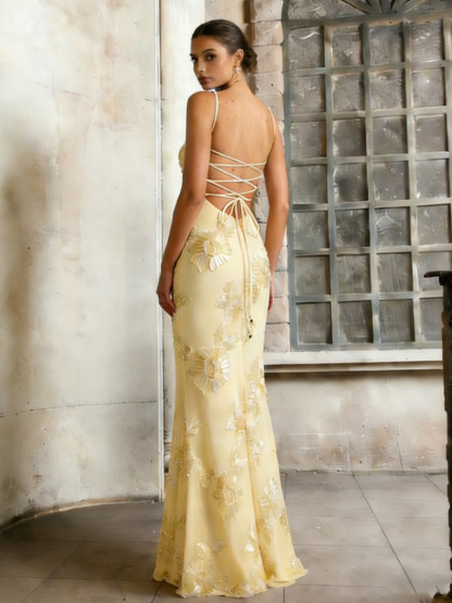 Mermaid Sweetheart Neck Tulle Floor-Length Dress with 3D Gold Floral Appliqué & Spaghetti Straps for Prom & Gala Events